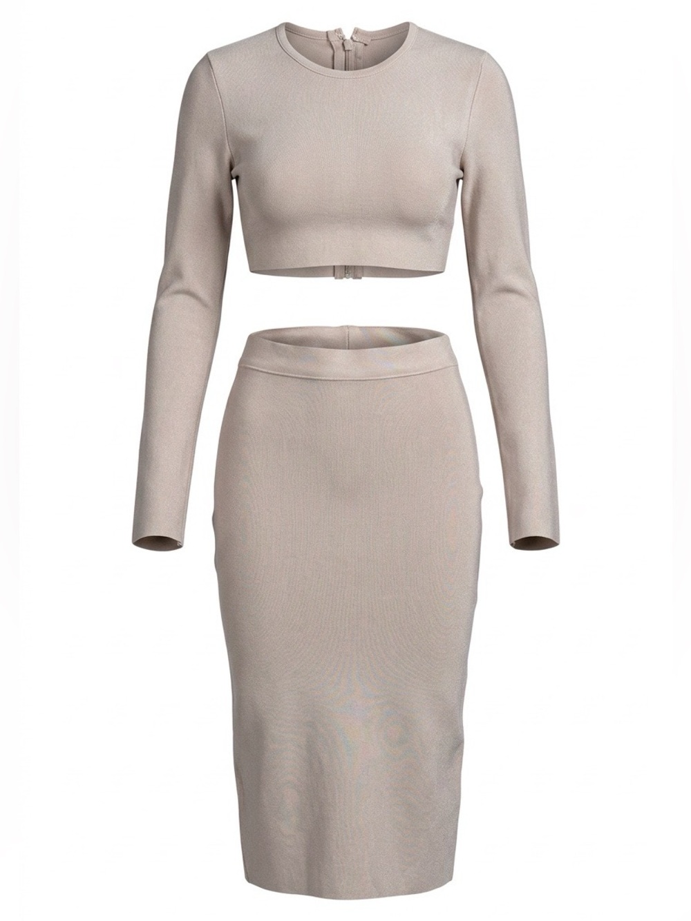 House of CB Beige Bandage Ribbed Long Sleeve Crop Top & Midi Skirt Set